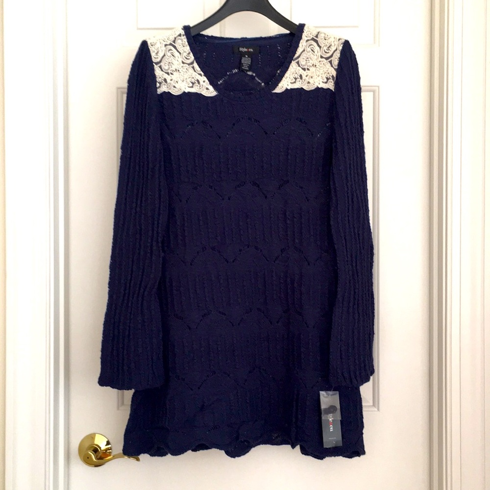 Style & Co. Tunic style Sweater Top Medium Blue White Lace Dress New